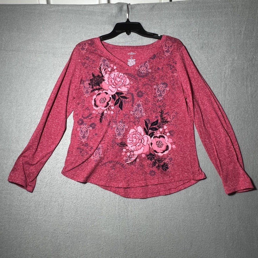 St. John's Bay Active Women's Petite‎ PL Pink Floral Paisley Long Sleeve V-Neck